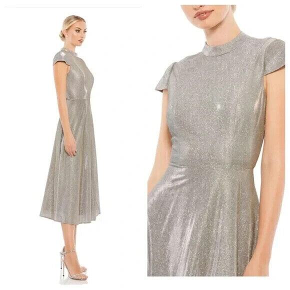 Mac Duggal Metallic Cap Sleeve Tea-Length Dress 26151 Sz 4 NEW $378‎ Silver - Picture 1 of 6